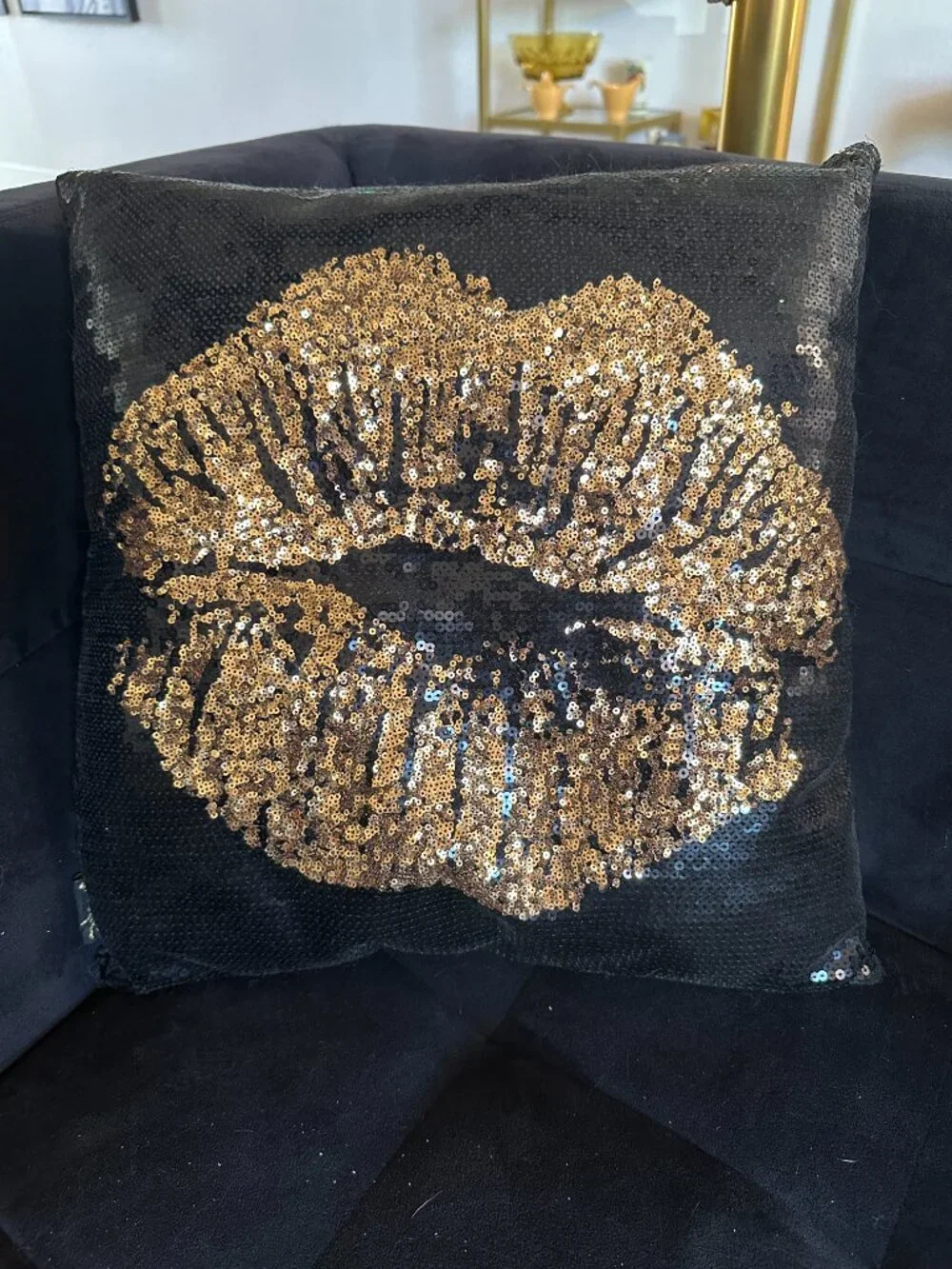 Decorative Pillow with Gold Lips on Black
